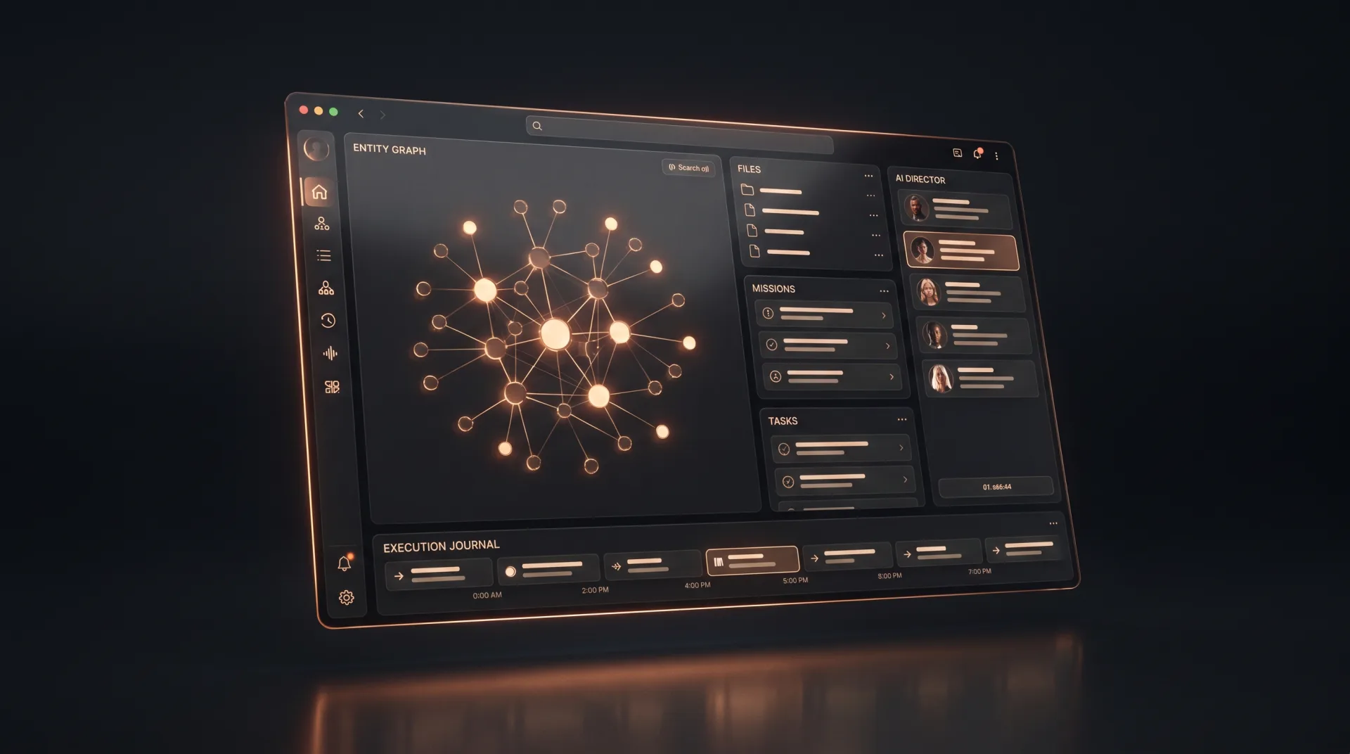 The Consistent CEO desktop app: an entity graph surrounded by files, missions, tasks, an AI director roster, and an execution journal timeline.