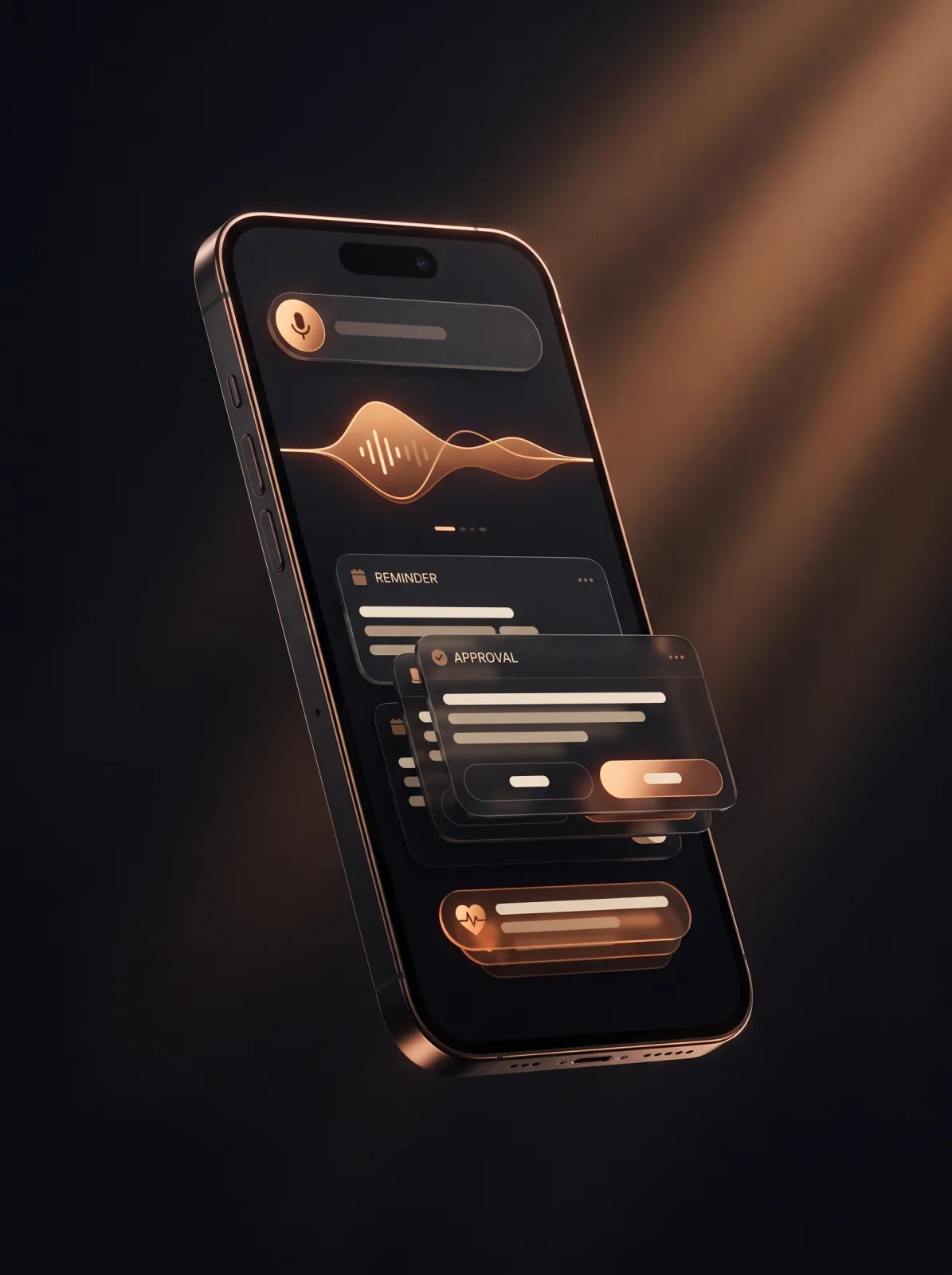 The Consistent CEO mobile companion app showing quick capture, a voice note waveform, reminders, and an approval card.